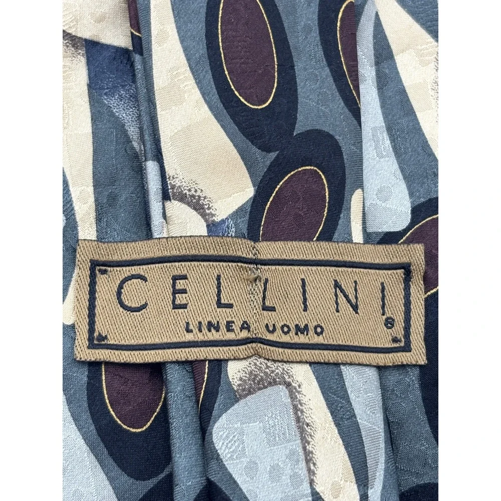 Cellini Linea Uomo Men's 100% Silk Necktie Abstract Geometric Gray Gold Burgundy